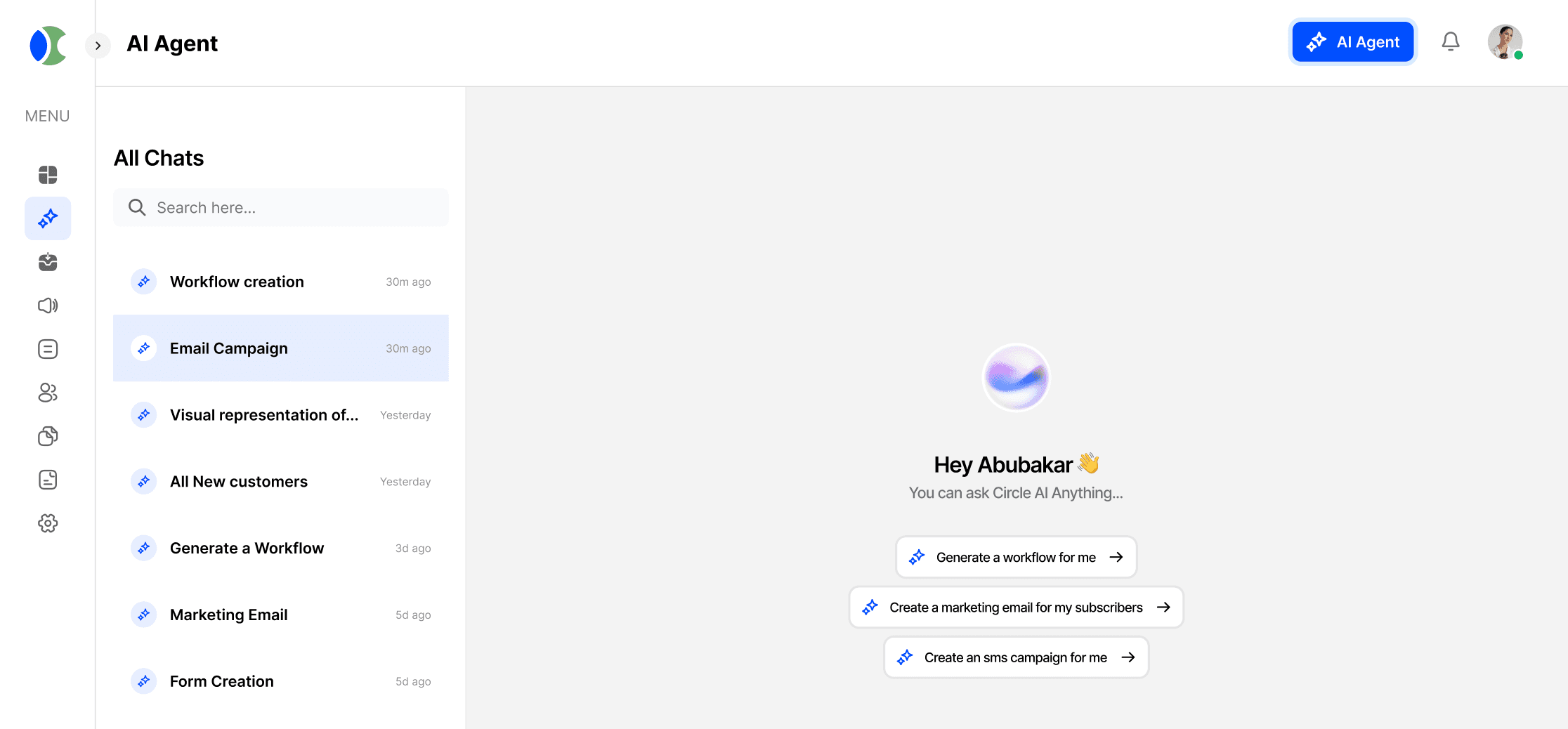 Circle AI Agent dashboard