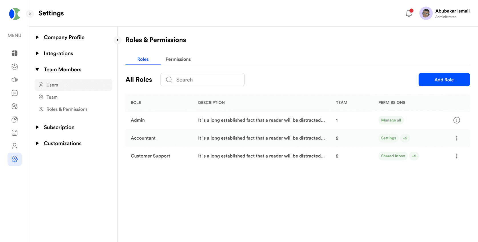 Roles and permissions dashboard